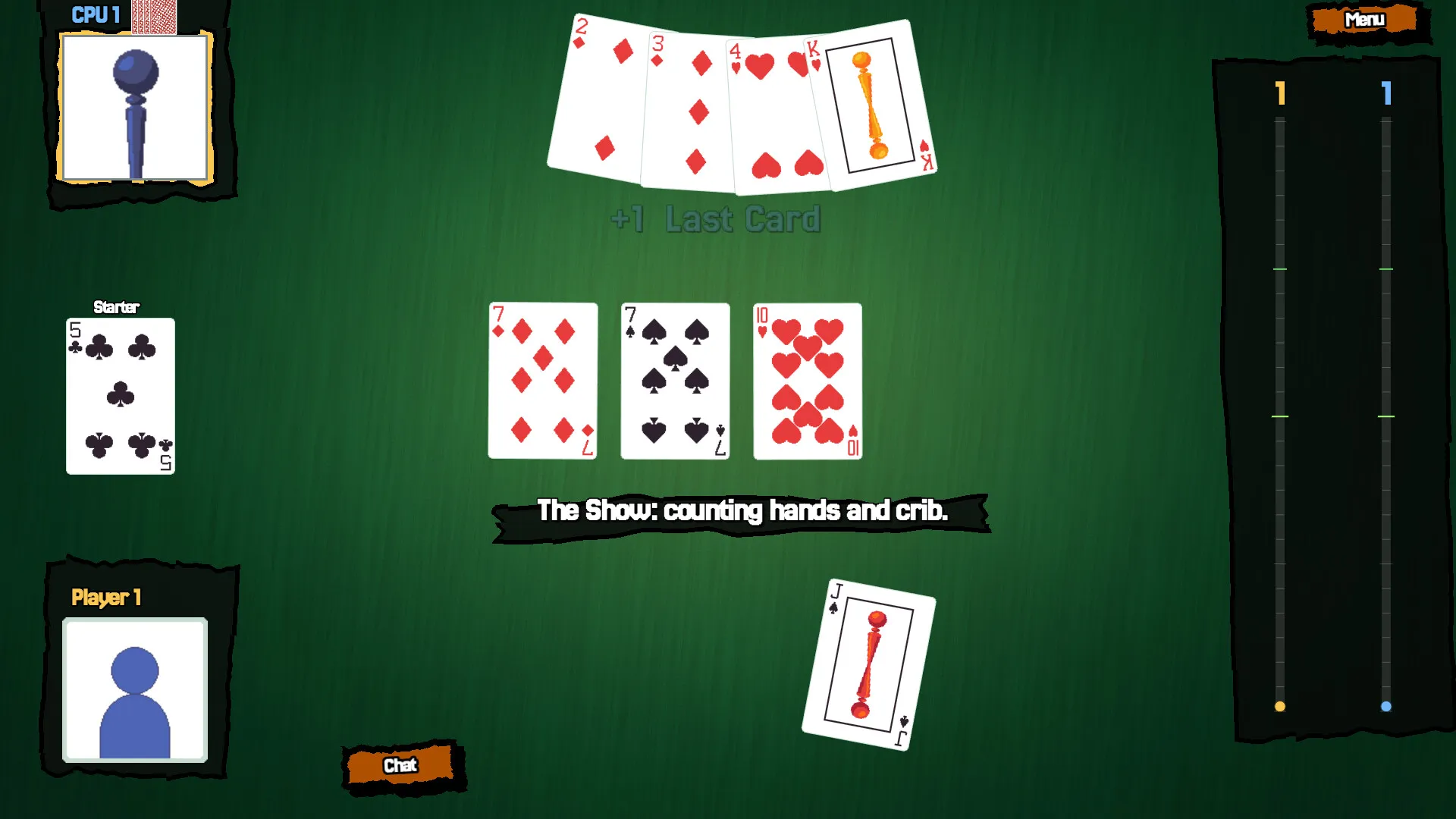 Cribbage!: counting hands against the starter card, with a two-player pegging board on the right.