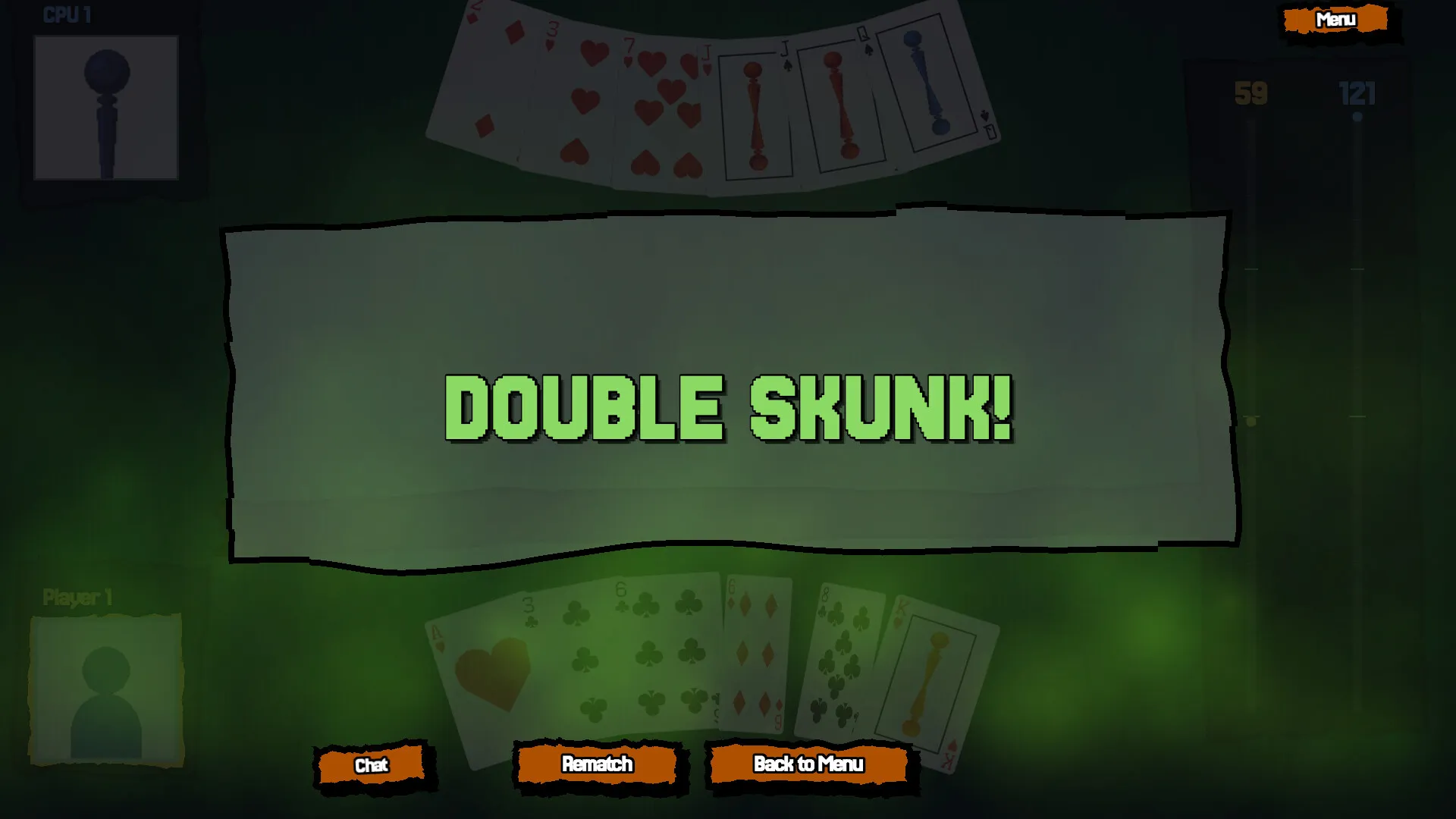 Cribbage!: a Double Skunk result at 121 to 59, with Rematch and Back to Menu buttons.