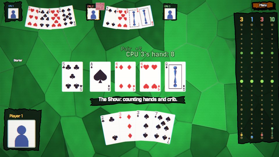 The show: four hands counted against the starter card, with the pegging board keeping score.