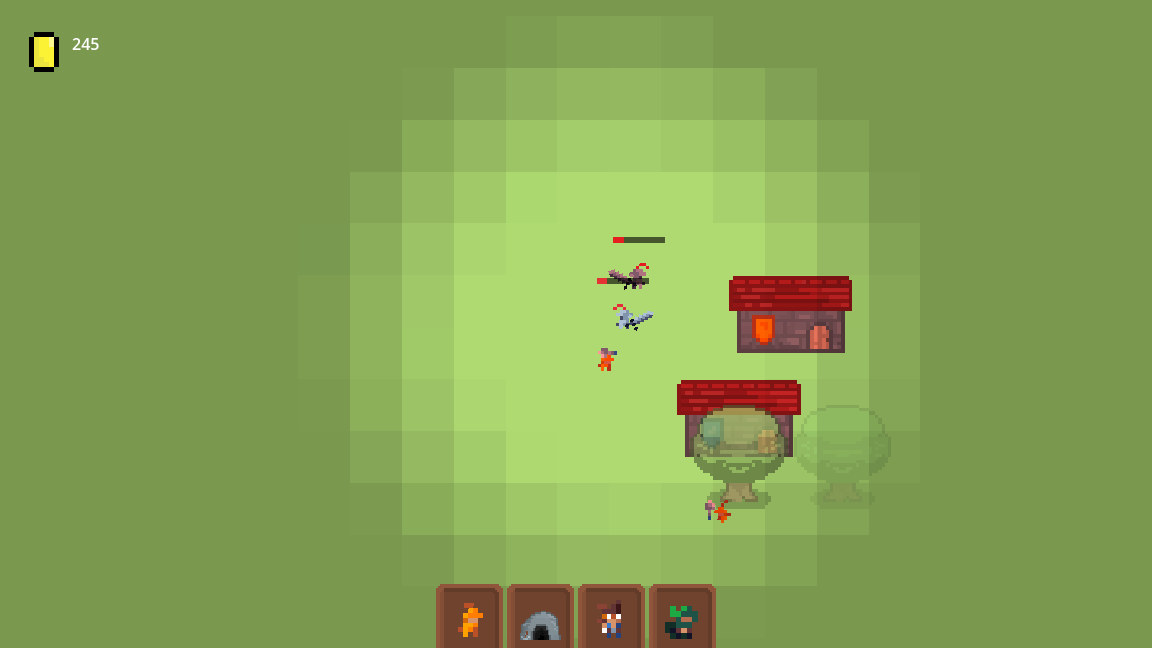 A base under construction: two huts, units gathering, and gold in the corner counter.
