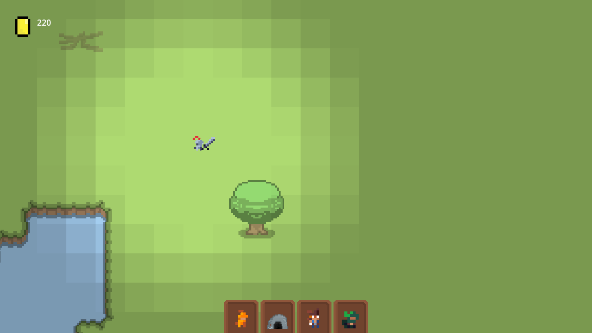 A hero crossing open ground beside a lake on a procedurally generated island.